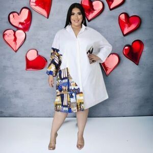 Goodtimeusa White Asymmetrical Cat Graphic Button Down Shirt Dress 1X 2X oversiz
